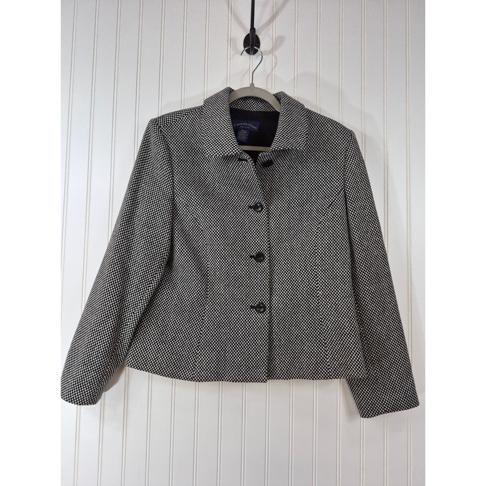 Charter Club Wool Blend Blazer Black White Check Button Front 12 Petite Preppy